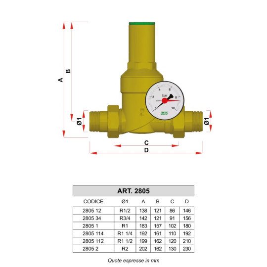 RIDUTTORE DI PRESSIONE PER ACQUA FAR 2805 MM PN25 IN OTTONE CON MAN...