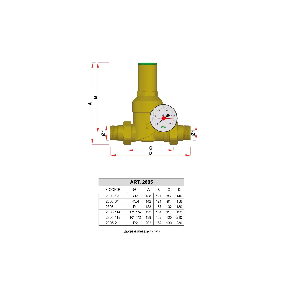 RIDUTTORE DI PRESSIONE PER ACQUA FAR 2805 MM PN25 IN OTTONE CON MAN...