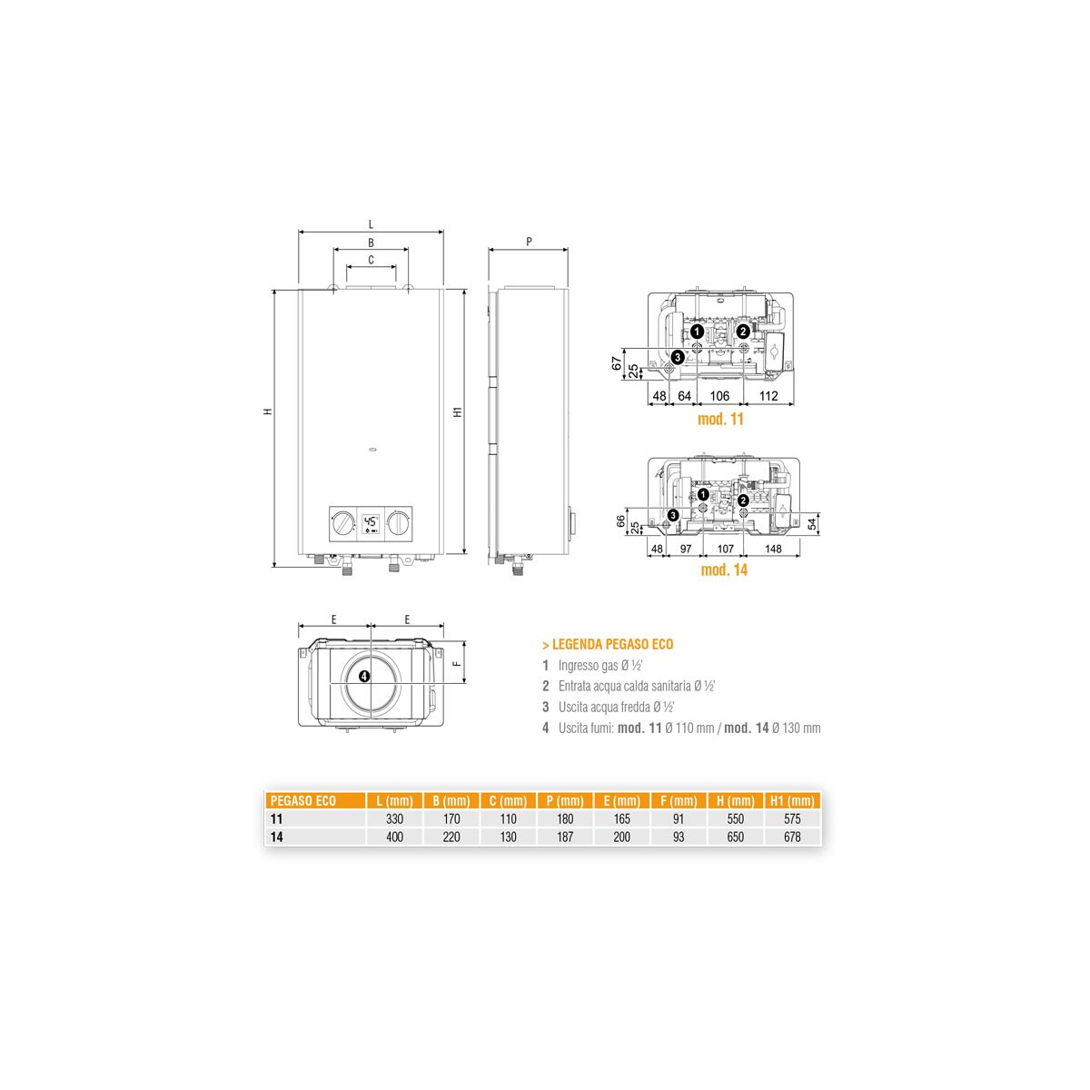 SCALDABAGNO FERROLI PEGASO ECO CAMERA APERTA 14 LT LOW NOX GPL